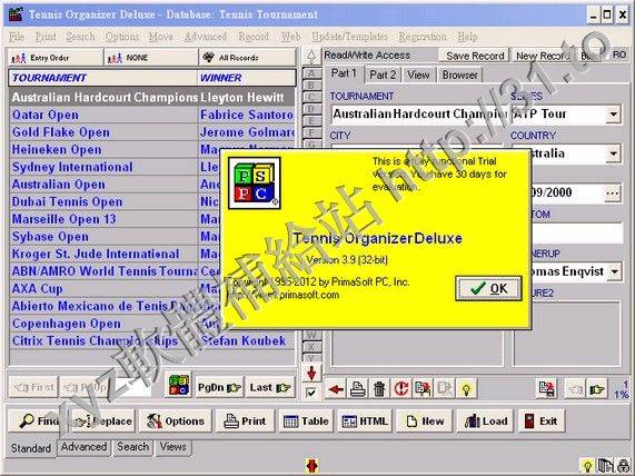 PrimaSoft Tennis Organizer Deluxe v3.9 英文正式版(數據庫管理軟體)